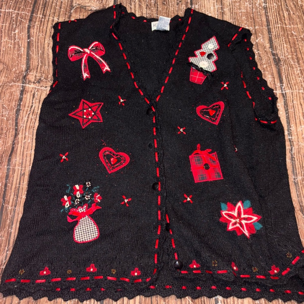 Vintage Koret embroidered ugly Christmas button up sweater vest L